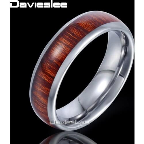 Davieslee Wood Inlay Band Ring Mens Boys Wedding Engagement Tungsten Carbide Silver Color 6mm DTR30