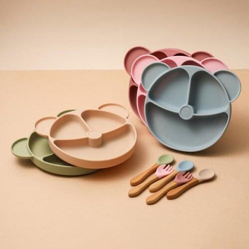 3 Pc/Set Childrens Dishes Baby Silicone Sucker Plate Baby Cartoon Bear Tableware Kids Feeding Dinner Fork Spoon Set Gift