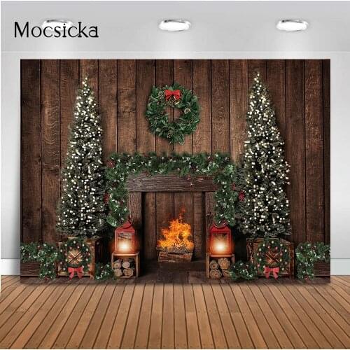 Photography background Christmas Fireplace Rustic Wooden Wall Background for Photo Booth Studio Christmas Tree photocall Light