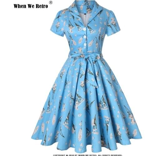 Autumn Dandelions Print Vintage Dress 2020 New Sky Blue Floral Print Cotton Tunic Retro Plus Size Women Ladies Dresses SD0002