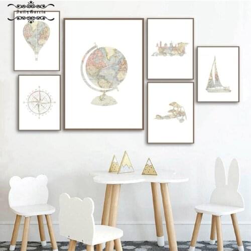 World Map Globe Adventure Travel Wall Art Canvas Poster Hot Air Balloon Train Airplane Children Room Canvas Painting Home Decor