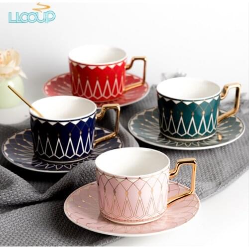 Nordic Ceramic Coffee Mugs Solid Color Gold Drawing Breakfast Cup Saucer with Spoon Tray Household Afternoon Tea Dessert Plate