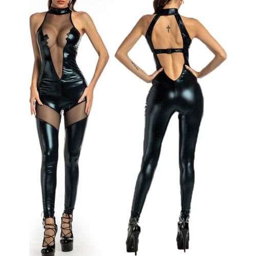Women Jumpsuit Faux Leather Mesh Patchwork Off Shoulder Bodysuit Lingerie Catsuit Sleeveless Backless Rompers Latex Playsuit
