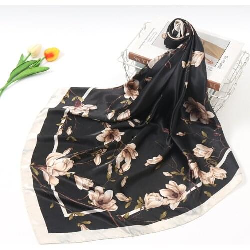 90CM Square Silk Satin Scarf Floral Hijab Women Foulard Bandana Muslim Islamic Kerchief Shawls New Arrival Wrap Head Scarves