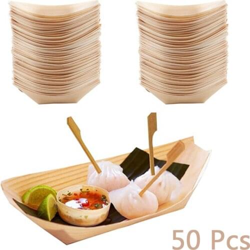 50pcs Pine Wood Serving Boat Disposable Food Tray For Home Catering Tool