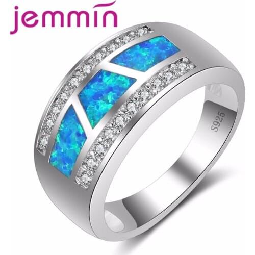 Fashion Elegance Women ladies Wide Wedding Ring Micro Inlay White Crystal Blue Fire Opal Silver Ring Real 925 Bijoux