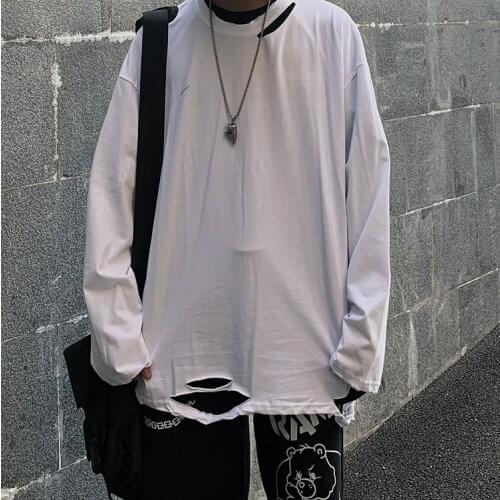 Hip-hop tide brand high street lazy wind bottoming shirt solid color casual wild hole couple long-sleeved T-shirt for men an