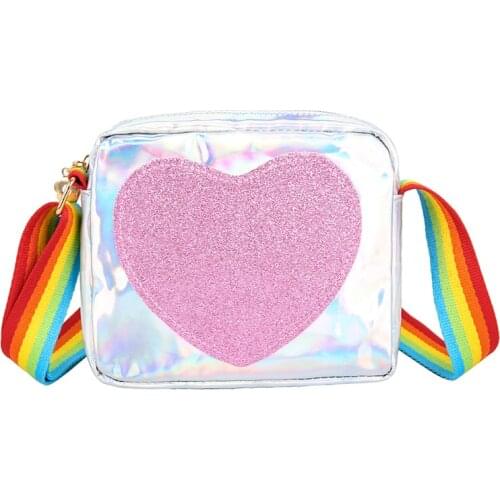 2021 New Arrival Toddler Small Lovely Heart Print Crossbody Bag Kids Hologram Glitter Purses Little Baby Girl Handbag Purses