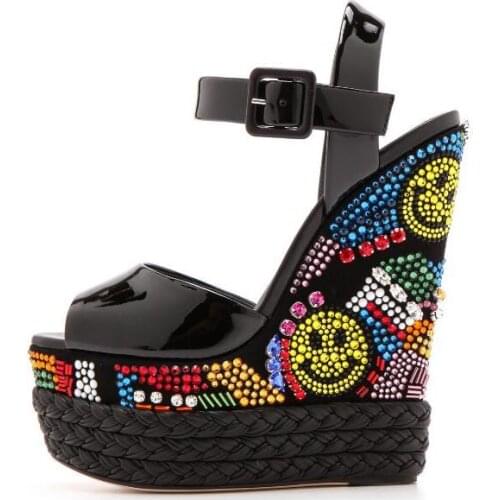 Multi Crystal Embellished Wedge Sandals Women Summer Peep Toe Rope Braided Platform Shoes Ankle Strap Celebrating Sandals