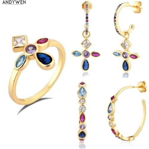ANDYWEN 925 Sterling Silver Five Color Gold Rainbow Cross Drop Earring Hoops Piercing Ring Jewelry Set For Women Fashion Jewels