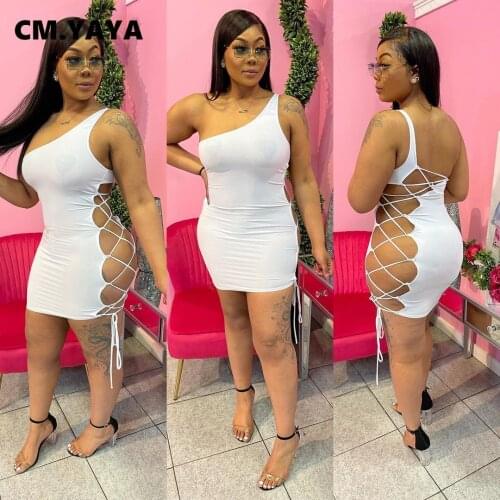 CM.YAYA Women Lace Up Hollow Out Side One Shoulder Bodycon Dress Sexy Night Party Clubwear Sleeveless Midi Bandage Dresses