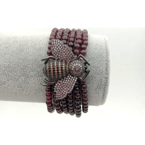 YYGEM 8" 6 strands Natural Round Garnet strands Bracelet Cubic Zirconia pave gunmetal color plated Bee Connector