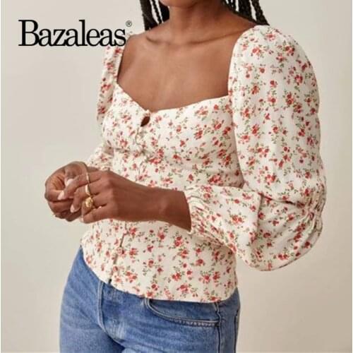 Bazaleas Vintage Small Red Floral Print Blouse Chic Center Buttons Ropa Mujer Fashion Long Sleeve Blouse Women Harajuku