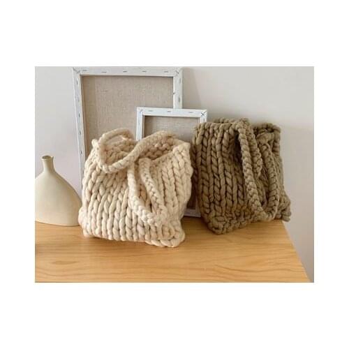 Classic Cable-knit Handbag with Long Handle Women Fall&winter Casual Twist Knitting Top-handle Bag Coarse Woolen Yarn Tote Bag