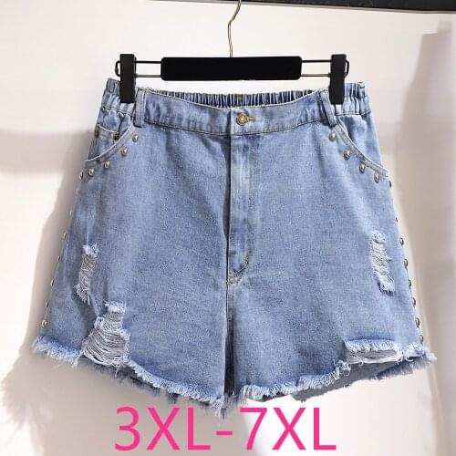 New 2021 summer plus size denim shorts for women large loose casual elastic waist rivet blue hole jeans shorts 4XL 5XL 6XL 7XL