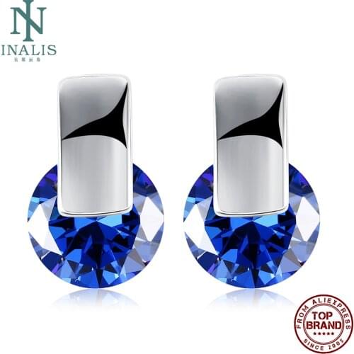 INALIS Round Clip Earrings For Women Silver Plated 5A Clear Cubic Zircon Blue Cute Romantic Style Girl Earring Fashion Jewelry