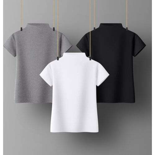 Cotton Women T-shirt Turtleneck Short Sleeve women shirt All match Lady Top Black White Gray Yellow Shir