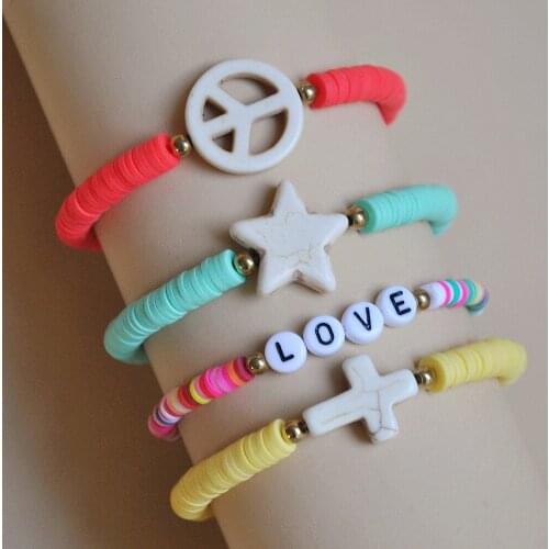 Bohemian Womens Round Chips Polymer Clay DIY String Beads Bracelet Geometric Stone Elegant Femme Letter Seeds Beaded Jewelry