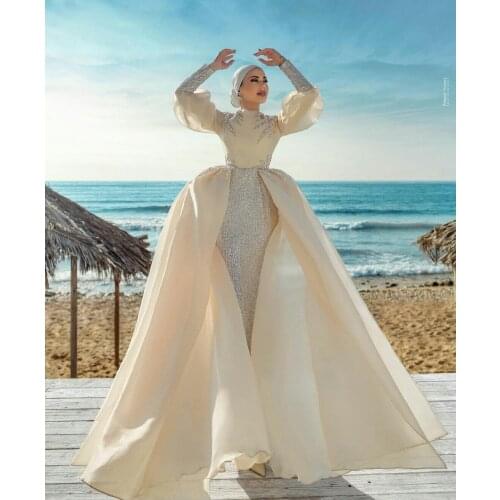 Vintage Muslim Wedding Dresses with Detachable Skirt Lace Sequin Long Sleeve Country Wedding Dress Custom Made Vestidos De Novia