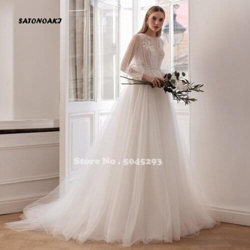 Elegant Tulle Wedding Dress 2021 Sweep Train O Neck Appliques A-Line Long Sleeve Bridal Gowns Robe De Mariée Vestidos Sukienki