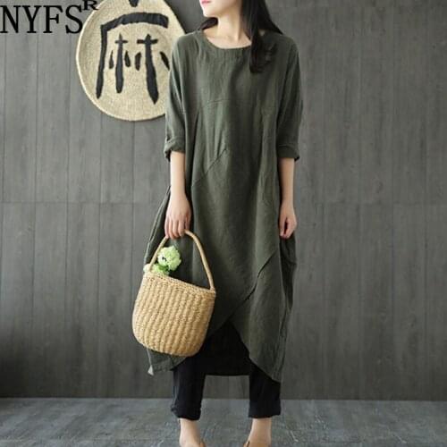 NYFS Spring Autumn Dress Loose Solid Woman Dress Vestido de mujer Robe Elbise Fashion Cotton Linen Dresses
