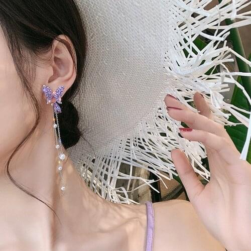 1 Pair Colorful Rhinestone Butterfly Tassel Drop Earrings Sparkling Pearl Chain Long Dangler for Women Girls Fashion Earrings