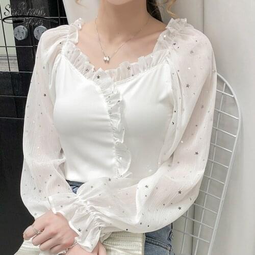2021 Lace V-neck Chiffon Blouse Pleated Slim Splicing Tops and Blouse Autumn Vintage Lantern Long Sleeve Womens Shirts 11419