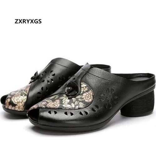 2021 New Fish Mouth Hollow Printing Genuine Leather Sandals Fashion Slippers Elegant High Heel Slippers Women Sandal Shoes
