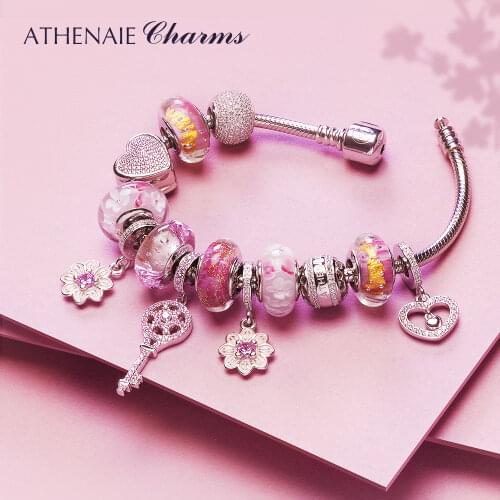 ATHENAIE 925 Silver Charm Bracelet with Heart Chamrs & Cherry Blossom & Key Pendant Pink Murano Glass Beads Friendship Bracelet