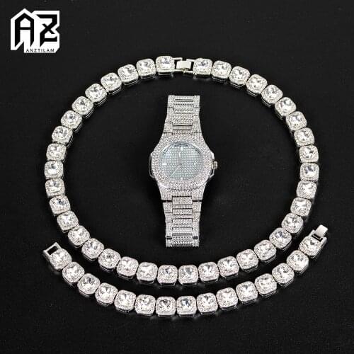 13mm Width One Row Bling Stone Iced Out Necklace Bracelet Watch Set For Men Gold Silver Color Cuban Hand Chain Choker Jewelry