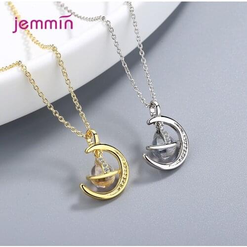 Geometric Moon Planet Clavicle Chain For Female Women Fashion Necklace & Pendant 925 Sterling Silver Jewelry Zirconia Neck Chain