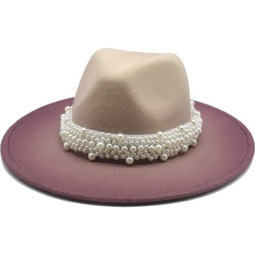 Fedora hats wide brim gradient with band belt pearl luxury brand handmade women hat men autumn winter jazz caps winter women hat