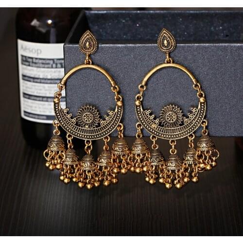 Indian Jewelry Earrings for Women 2021 Jhumka Vintage Ethnic Engraving Bell Big Hoop Earrings Female Retro Drop Earrings