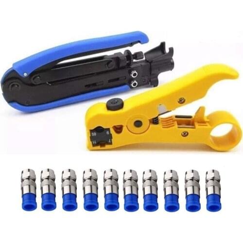 Compression Tool Coax Cable Crimper Kit Adjustable Rg6 Rg59 Rg11 75-5 75-7 Coaxial Cable Stripper With 10 Pcs F Compression Conn