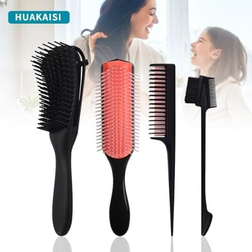 HUAKAISI Detangling Hair Brush Detangler 9 Row Cushion Nylon Bristle Edge Brush Rat Tail Comb for 3a to 4c Curly Straight Wet Ha