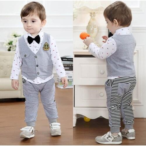 Baby Boy Clothing Set 3pcs Children Clothing Sets Long Sleeve Single Breasted Full Turn-down Collar Boys Vest and Tie Bow Set