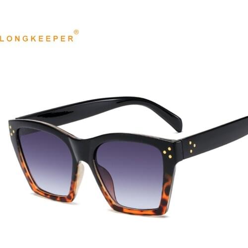 LongKeeper Vintage Square Sunglasses Women Trendy Rivet Cat Eye Sun Glasses Ladies Black Leopard Shades Eyewear lentes de sol