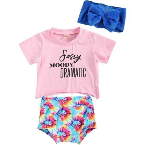 Fashion Infant Baby Girls Summer Clothes Sets 3pcs Short Sleeve T Shirts Tops Floral Print Shorts Headband Outfit