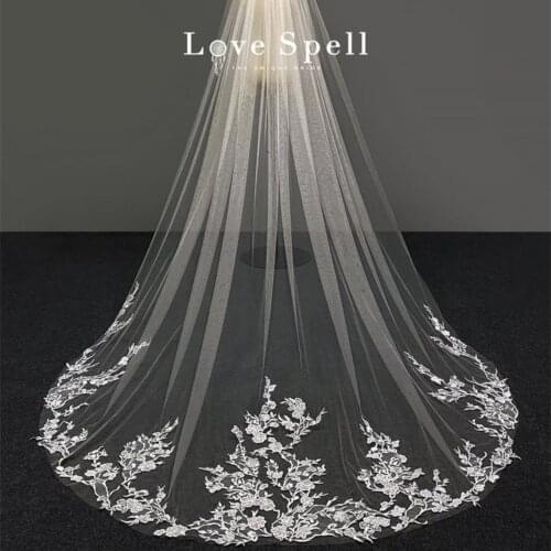 Cheap 250cm Chapel Length Wedding Veils with Comb Lace Appliques Custom Made 1 Tier Bridal Veil
