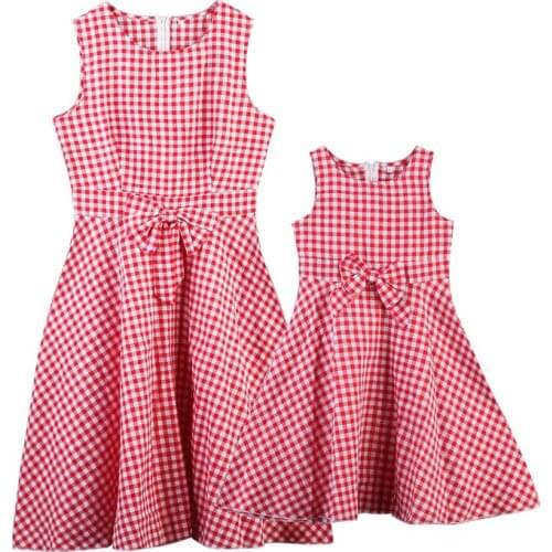 New Fashion Mother and Daughter Clothes Bowknot Dress Family Matching Outfits Plaid Sleeveless Dresses