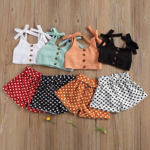 1-6Y Lovely Infant Kids Girls Clothes Sets 2pcs Sleeveless Belt Button Vest Tops Love Heart Print Shorts Summer Outfits