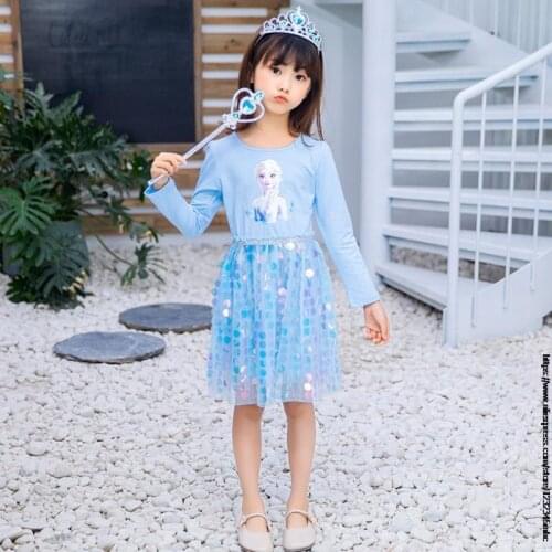 Girls Dresses Long Sleeve Cartoon Elsa Long Sleeve Baby Girls Spring Dresses Kids Cotton Clothing Casual Dresses for 2-8Years