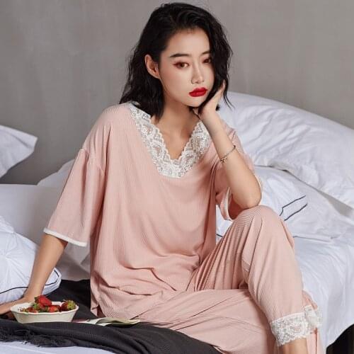 Casual Plus Size Loose Sleepwear Set Modal Cotton Pajamas Women Elegant V Neck Lace Nightwear Summer Ladies Pijamas Suit
