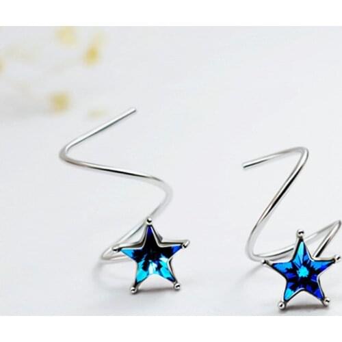 100% Genuine 925 Sterling Silver Blue Crystal Star Stud Earrings Round Earrings With Blue Stars Zirconia
