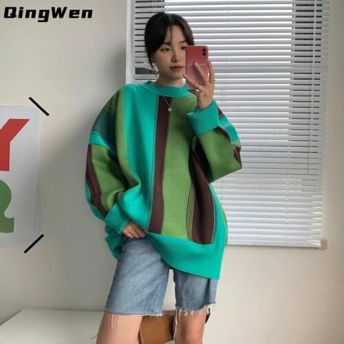 QingWen Women Loose Mid-Length Lazy Color Matching Striped Knitted Sweatshirt Jacket 2021 New Autumn Winter Retro Contrast Top