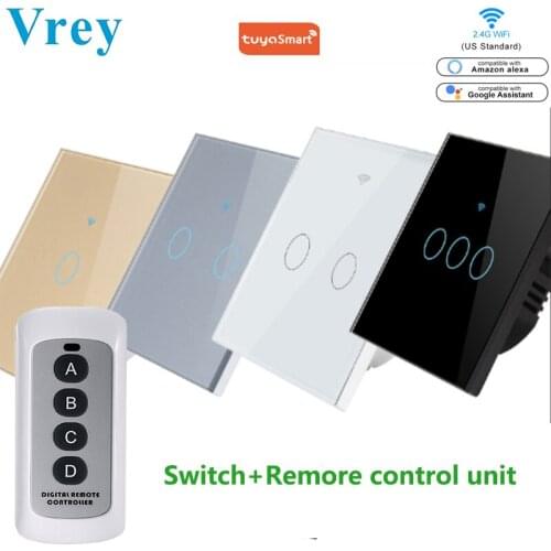 Vrey EU/UK Tuya WIFI Smart Touch Switch,APP Wireless Remote Light Wall Switch,Crystal Glass Panel,Works With Alexa Google Home