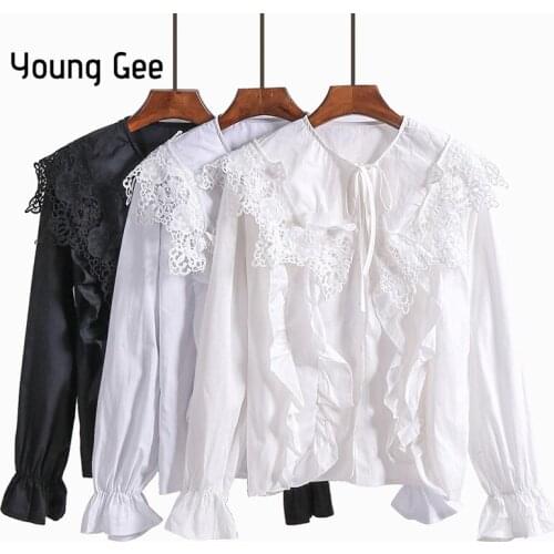 Young Gee White Black Chemise Femme Lace Blouse Women Tops Flare Long Sleeve Blouses Blusas Camisas Femininas 2018 ropa mujer