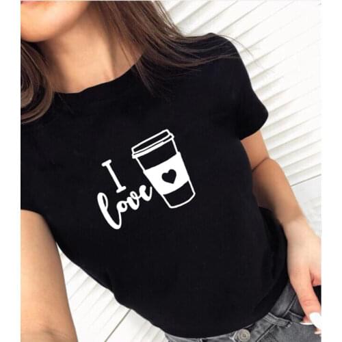 Women Fashion Summer Casual Cute I LOVE COFFEE Printed O-neck T-shirt Graphic Tee Tops Harajuku T Shirt Femme Top Clothes