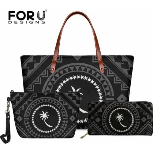 Chuuk Polynesian Tribal Printing Handbag and Wallet 3Pcs Set Lady Casual Large Capacity Tote Female New Shoulder Beach Sac Black