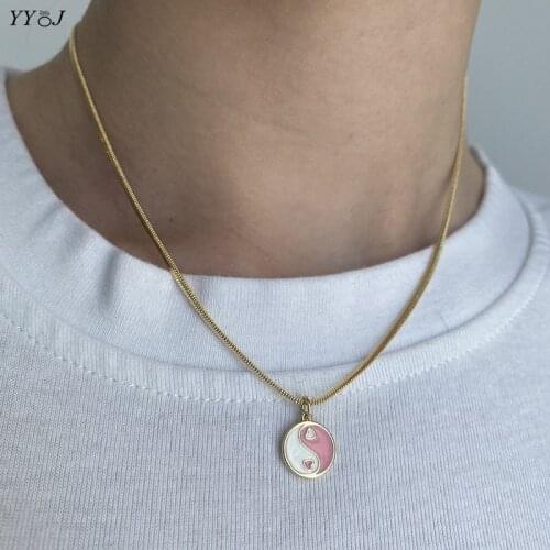 Pink enamel love heart yinyang pendant necklace for women stainless steel gold disc coin necklace unique cool jewelry y2k